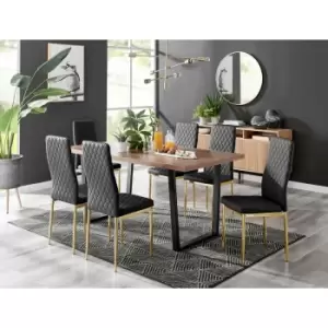 Kylo Brown Wood Effect Dining Table & 6 Black Milan Gold Leg Chairs - Black