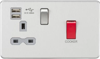 KnightsBridge 45A DP Switch & 13A Switched Socket with Dual USB Charger 2.4A - Brushed Chrome with grey insert