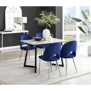 Furniturebox Carson White Marble Effect Recatngular 120cm Dining Table & 4 Blue Arlon Silver Leg Velvet Chairs