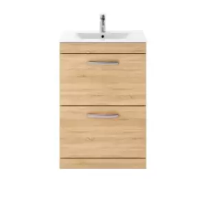 Nuie Athena 600 Floor Standing 2-drawer Vanity & Minimalist Basin - Natural Oak