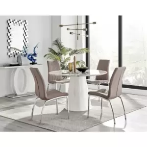 Furniturebox Palma White Marble Effect 120cm Round Minimalist Dining Table & 4 Cappuccino Isco Silver Leg Faux Leather Chairs