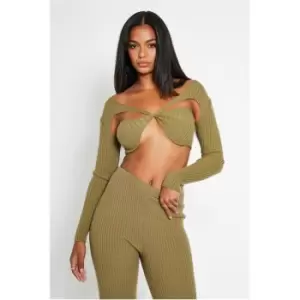 I Saw It First Twist Front Detail Long Sleeve Rib Knitted Top - Green