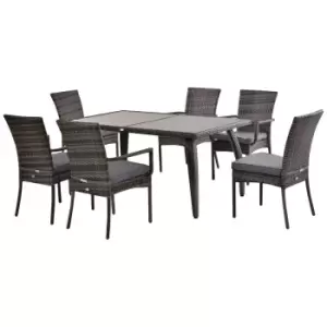 Outsunny Outsuny 7Pc Rattan Dining Set Patio Chair Glass Top Table Wicker Furniture Grey