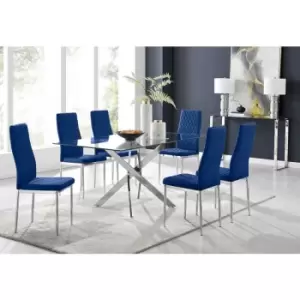 Furniturebox UK - Furniturebox Leonardo 6 Chrome Leg Glass Dining Table and 6 Navy Milan Velvet Dining Chairs Diamond Stitch Modern Contemporary