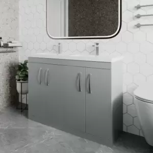 Nuie - Athena Floor Standing 4-Door Vanity Unit with Double Ceramic Basin 1200mm Wide - Gloss Grey Mist