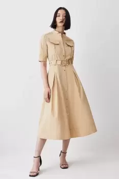 Cotton Sateen Short Sleeve Midi Shirt Dress