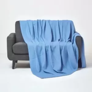 Organic Cotton Waffle Blanket/ Throw Blue, 228 x 228cm - Blue - Homescapes