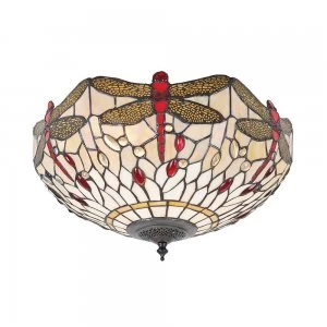 2 Light Medium Ceiling Flush Light Dark Bronze, Beige, Tiffany Style Glass, E27