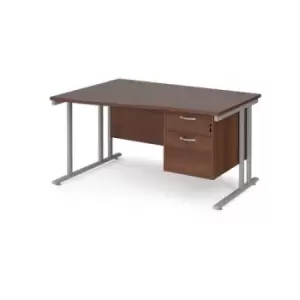 Office Desk Left Hand Wave Desk 1400mm With Pedestal Walnut Top With Silver Frame Maestro 25 MC14WLP2SW