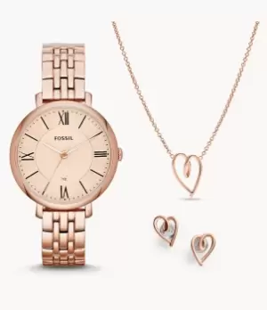 Fossil Women Jacqueline Three-Hand Date Rose Gold-Tone Stainless Steel Watch and Jewellery Set