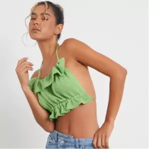 I Saw It First Halterneck Draw Cord Ruffle Detail Crop Top - Green