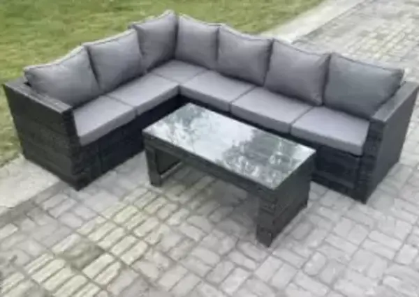 Fimous 6 Seater Outdoor Dark Grey Rattan Lounge Complete Sofa Set Right Side with Rectangular Coffee Table