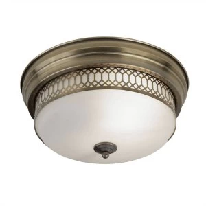 2 Light Bathroom Flush Ceiling Antique Brass, White IP44, E27