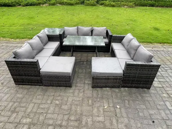 Fimous 9 Seater Outdoor Dark Grey Rattan Lounge Complete Sofa Set with Dining Table and 2 Footstools