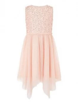 Monsoon Girls Sequin Frill Hanky Hem Dress - Peach, Size 12-13 Years, Women