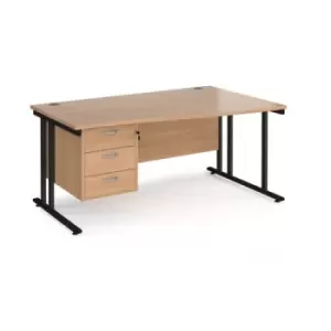 Office Desk Right Hand Wave Desk 1600mm With Pedestal Beech Top With Black Frame Maestro 25 MC16WRP3KB