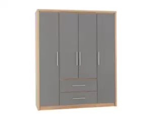 Seconique Seville Grey High Gloss and Oak 4 Door 2 Drawer Wardrobe