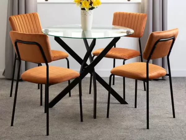 Seconique Sheldon Glass and Black Dining Table and 4 Orange Velvet Chairs