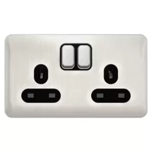 Schneider Electric Lisse Screwless Deco - Switched Double Power Socket, Double Pole, 13A, GGBL3020DBSS, Stainless Steel with Black Insert