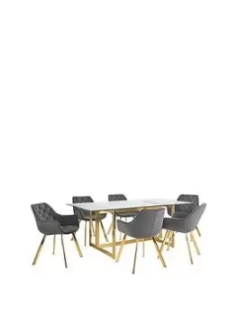 Julian Bowen Minori 200 Cm Glass Top Dining Table + 6 Lorenzo Chairs - Grey/Gold