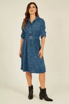 Blue Dalmatian Print Gold Buckle Midi Dress