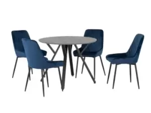 Seconique Athens Concrete Effect Round Dining Table with 4 Avery Blue Velvet Chairs