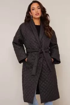 Diamond Quilted Longline Belted Coat