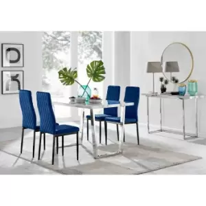 Furniture Box Kylo White Marble Effect Dining Table and 4 Navy Velvet Milan Black Leg Chairs