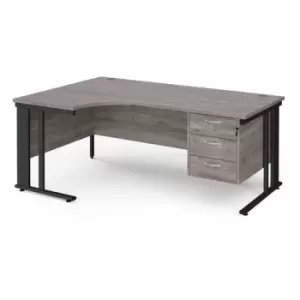 Maestro 25 left hand ergonomic desk 1800mm wide with 3 drawer pedestal - Black cable managed leg frame and grey oak top