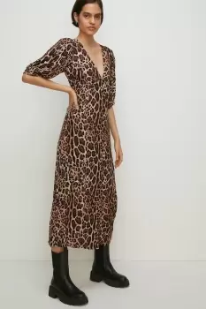 Animal Print Puff Sleeve Button Midi Dress