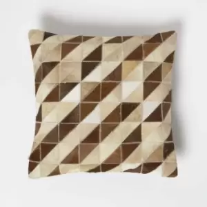 Diamond Check Cream & Brown Leather Cushion 45 x 45cm - Cream & Brown - Homescapes