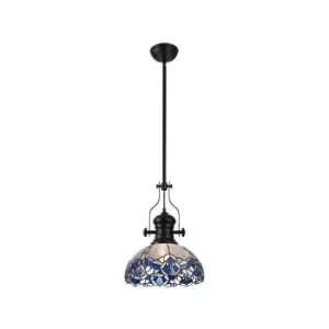 Worcester, Ceiling Pendant E27 With 30cm Tiffany Shade, Matt Black, Blue, Clear Crystal