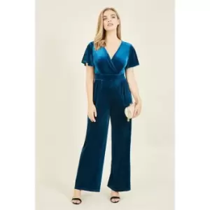 Yumi Teal Jumpsuit With Angel Sleeves - Blue