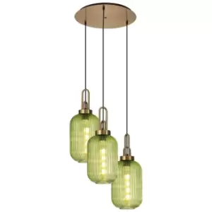 Luminosa Acree 2m Round Ceiling Pendant 3 Light E27 With 20cm Tubular Ribbed Glass, Brass Gold, Green, Matt Black