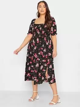 Yours Shirred Maxi Dress Leopard Floral - Black, Size 30-32, Women