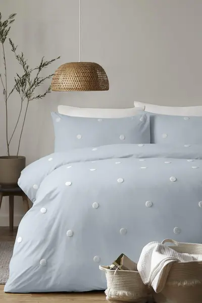 Appletree 'Dot Garden' 100% Cotton Embellished Duvet Cover Set Duck Egg Blue