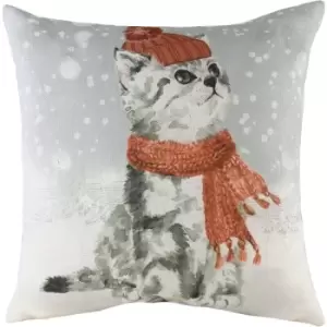 Evans Lichfield Snowy Cat Cushion Cover (One Size) (Grey/Red) - Grey/Red