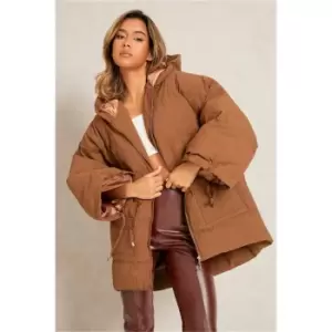 I Saw It First Chocolate Premium Super Oversized Hooded Coat With Hood And Drawstring Balloon Sleeve - Brown