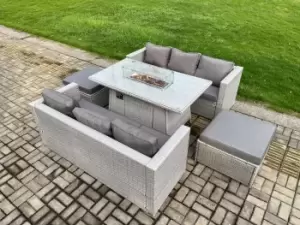 Fimous 6 Seater Outdoor Light Grey Rattan Lounge Complete Sofa Set with Gas Fire Pit Dining Table, Heater and Big Footstool