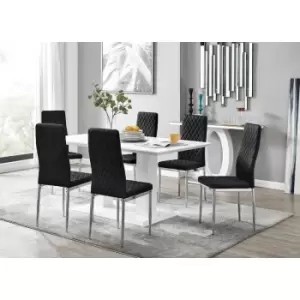 Furniturebox UK - Furniturebox Imperia 6 High Gloss White Modern Dining Table and 6 Milan Faux Leather Dining Chairs With Silver Legs Diamond Stitch