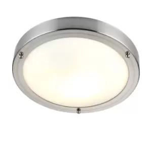 Flush Bathroom Ceiling Light IP44 - Satin Nickel& Frosted Glass - 60W E27 GLS