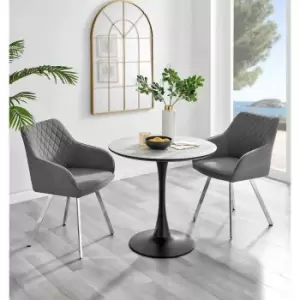 Furniture Box Elina White Marble Effect Round Dining Table and 2 Dark Grey Falun Silver Leg Chairs