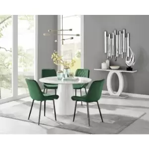 Furniturebox Palma White High Gloss 4 Seat Minimalist Post Modern Round Dining Table & 4 Green Pesaro Black Leg Velvet Chairs