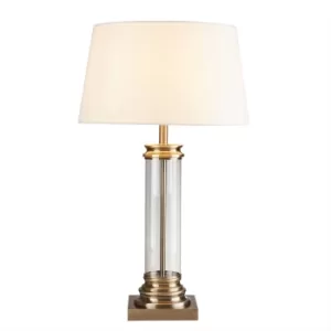 Pedestal 1 Light Glass Table Lamp Antique Brass with Cream Shade, E27