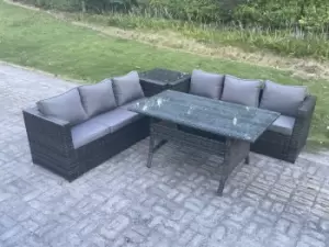 Fimous 6 Seater Outdoor Dark Grey Wicker Rattan Lounge Complete Sofa Set with Regular Rectangular Dining Table