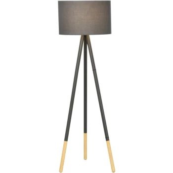 Stylish Steel Tripod Floor Lamp Fabric Lampshade Wood Accents Switch Grey - Homcom