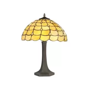 Luminosa Lighting - 2 Light Octagonal Table Lamp E27 With 40cm Tiffany Shade, Beige, Clear Crystal, Aged Antique Brass