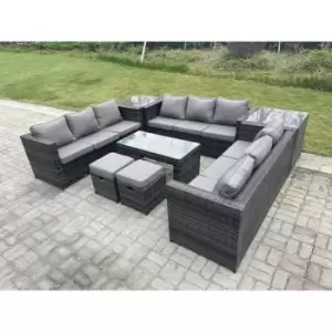 Fimous 9 Seater Outdoor Dark Grey Rattan Lounge Complete Sofa Set with Oblong Rectangular Coffee Table and 2 Stools