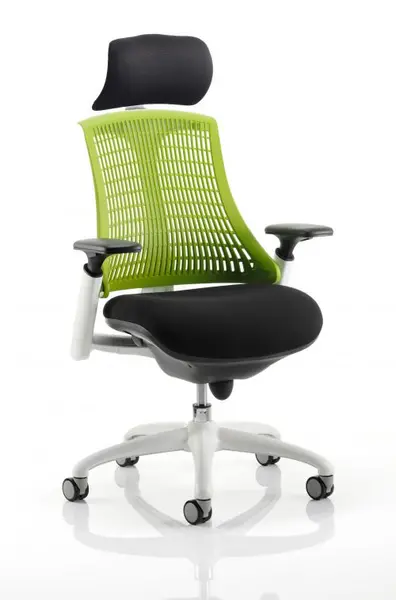 Flex Task Operator Chair White Frame Black Fabric Seat With Green Back With Arms With Headrest