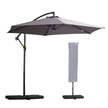 Outsunny 3 Meters Garden Parasol Sun Shade Patio Banana Hanging Rattan Set Umbrella Cantilever w/ Weight & Cover Dark Grey